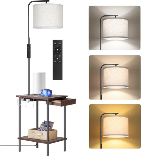 Lámpara de pie OUTON con mesa, mesa auxiliar con lámpara adjunta para dormitorio, puerto de carga tipo C, toma de corriente AC, mesa lateral con