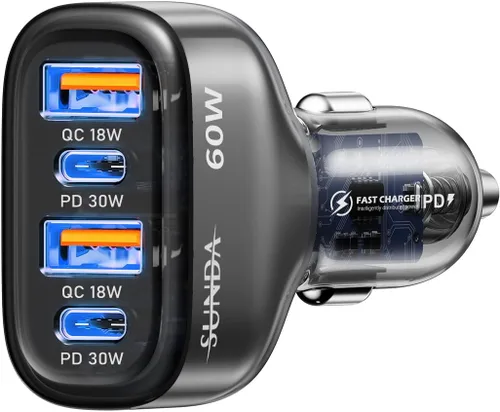 Miniatura 8 de SUNDA Cargador de Coche USB C Rápido de 60W Adaptador de Carga de Coche de 4 Puertos Dual Tipo C PD30W/PPS30W Compatible con iPhone 17/16