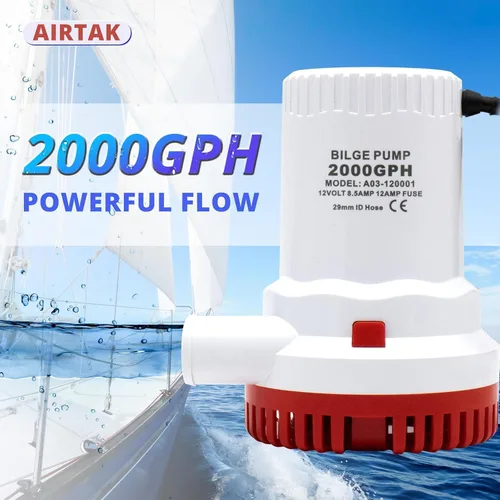 Miniatura 2 de Bomba de sentina no automática de 12 V, 2000 GPH, bomba de agua sumergible para barco marino con motor refrigerado por agua, fusible de 12 A, salida