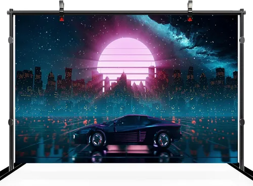 Miniatura 3 de 9x6ft Cyberpunk Car Backdrop Retro Futuristic Cyber City Skyscraper Red Moon Punk Racing Car Background Comic Game Racer Punk Birthday Party Decor