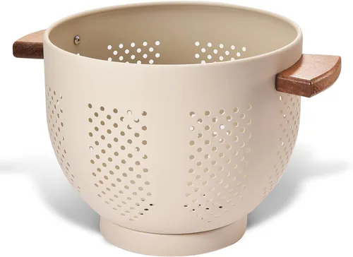 Miniatura 15 de Colador de metal con mango de madera y base estable, cesta coladora de cocina de acero con recubrimiento en polvo para escurrir pasta, verduras