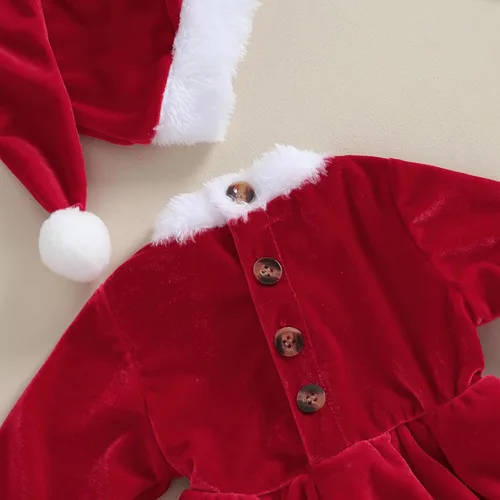 Miniatura 5 de Mameluco de Navidad para bebé recién nacida, vestido de terciopelo rojo, 2 piezas, ropa de Navidad para bebé