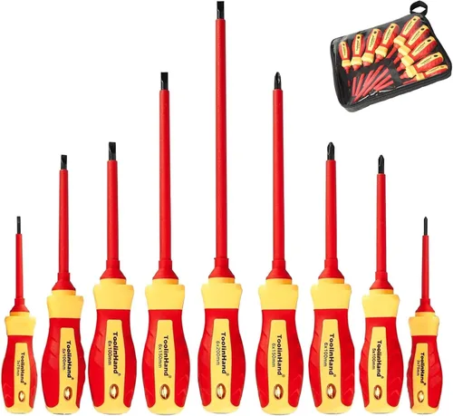 Juego de 9 destornilladores eléctricos aislados de 1000 V, 4 Phillips y 5 destornilladores ranurados, con probador de voltaje, puntas magnéticas