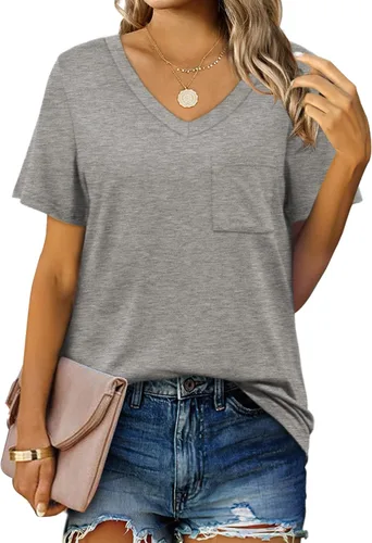 Miniatura 15 de Geifa Camisetas de manga corta con cuello en V para mujer, camisetas casuales de verano con bolsillo