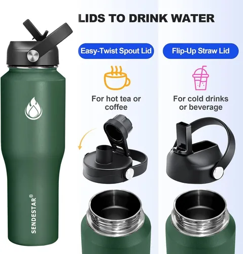 Miniatura 6 de SENDESTAR Botella de Agua de 32 oz de Boca Ancha de Acero Inoxidable con Aislamiento al Vacío de Doble Pared con Tapas de Pajita que Cabe en Verde