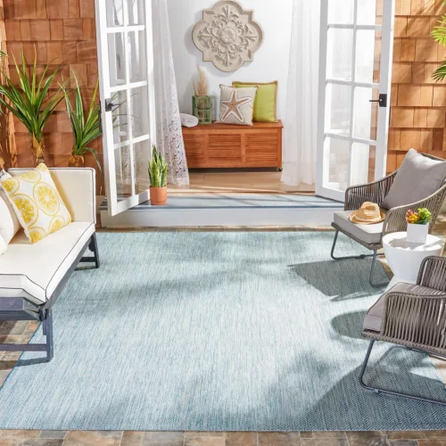 Miniatura 75 de SAFAVIEH Alfombra Lavable para Exteriores Colección Courtyard - Pasillo de 2'3" x 6'7", Azul Marino y Gris, No Desprende Pelusa y Fácil Limpieza