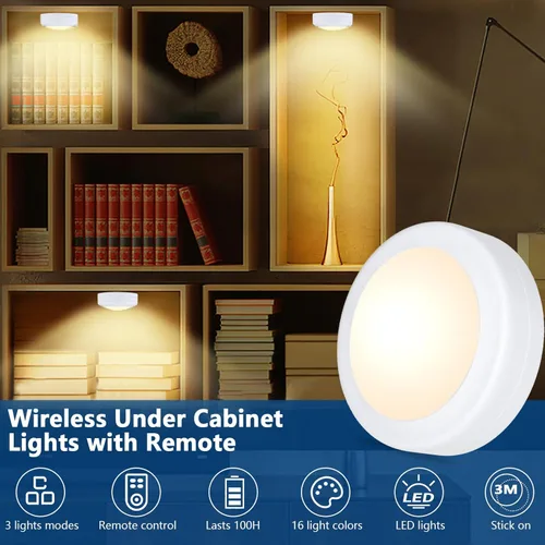 Miniatura 2 de Yiliaw - Paquete de 6 luces LED de disco con control remoto, 16 colores cambiables, luces LED para debajo del gabinete, luces alimentadas por Blanco