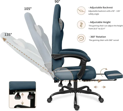 Miniatura 4 de Silla de juegos de tela transpirable con reposapiés, silla de juegos de altura ajustable, silla de videojuegos para sala de juegos, sala de estar
