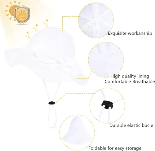 Miniatura 2 de Sombrero de sol para bebé niña con UPF 50+ sombrero de playa ajustable para exteriores con ala ancha