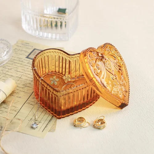 Miniatura 6 de Gaolinci Caja de almacenamiento de vidrio de cristal en forma de corazón con relieve Caja de joyería Caja de dulces con tapa - Ámbar