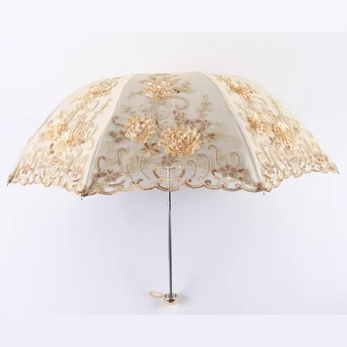 Miniatura 2 de Honeystore Sombrilla bordada con flor 3D plegable UV con encaje clásico