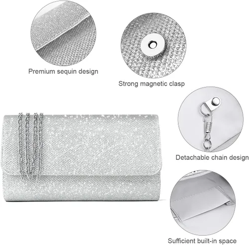Miniatura 7 de OSDUE Bolsa de noche para mujer, bolsa de noche con purpurina brillante sobre con cadena desmontable para graduación, boda, fiesta, banquete y cita