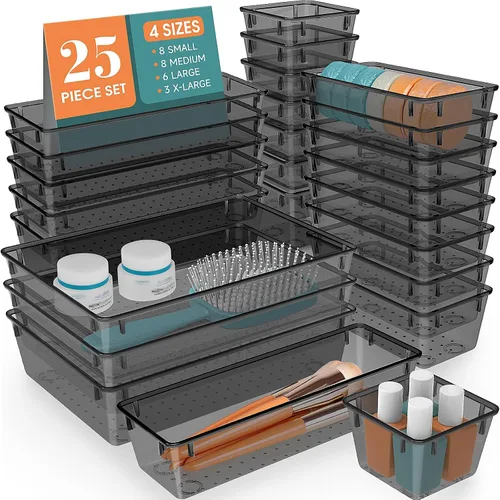 WOWBOX Juego de 25 organizadores de cajones de plástico, divisores organizadores de cajones de escritorio y contenedores de almacenamiento para