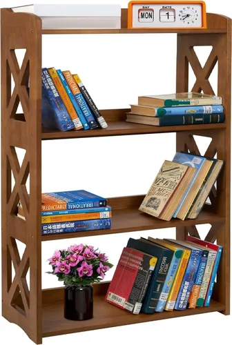 Miniatura 15 de Estantería negra de madera natural, estantería de 3 niveles, estantes pequeños para libros, estantes de exhibición y almacenamiento independientes.