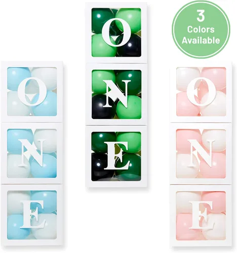 Miniatura 4 de Cajas de Globos de Primer Cumpleaños 'ONE' para 1 Año CON 24 Globos - Decoraciones de Primer Cumpleaños para Bebé Bloques de Cubo Transparente