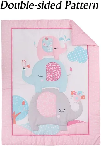 Miniatura 4 de Luxanna Juego de ropa de cama para cuna, 3 piezas, diseño de elefante rosa, con edredón para bebé, sábana bajera para cuna, falda de cuna para niñas