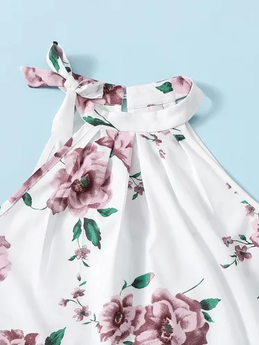 Miniatura 3 de WDIRARA Conjunto de 2 piezas para niña con estampado floral cuello halter y pantalones cortos