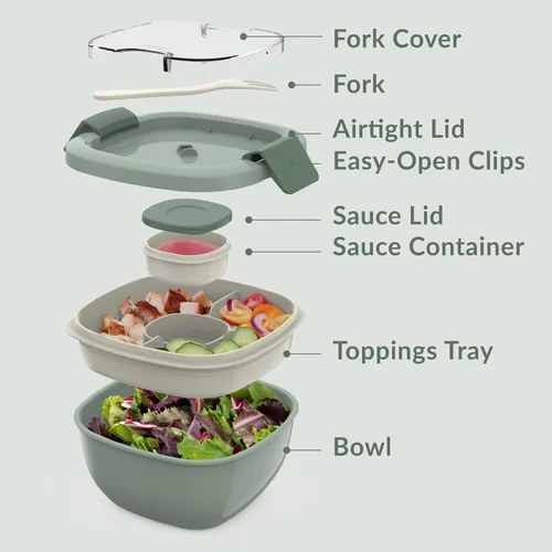 Miniatura 6 de Bentgo Recipiente para ensalada – Tazón de 54 onzas con bandeja de 4 compartimentos para aderezos, recipiente a prueba de fugas, tenedor Caqui Verde