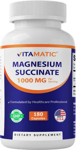 Vitamatic Succinato de magnesio 1000 mg por porción (proporciona 90 mg de magnesio elemental) - 180 cápsulas - Forma altamente biodisponible - Apoya