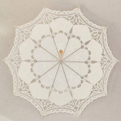 Miniatura 4 de Sombrilla de encaje para boda, para novia, de algodón, a la moda, con mango de madera, color marfil