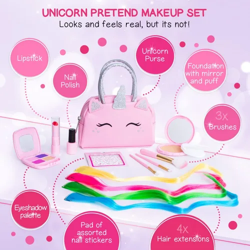 Miniatura 3 de Kit de maquillaje de simulación para niñas pequeñas con bolso de unicornio: juego de juguetes de maquillaje falso (no real) para niños pequeños