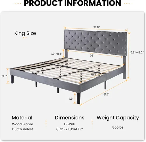 Miniatura 2 de SHA CERLIN Marco de cama de terciopelo tamaño King con cabecera ajustable, acolchado con botones de diamante y decoración de remaches, no necesita