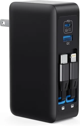Miniatura 10 de Bloque de cargador USB C de 120W con 2 cables retráctiles integrados, cargador de pared con enchufe plegable GaN IV 4 en 1, estación de carga