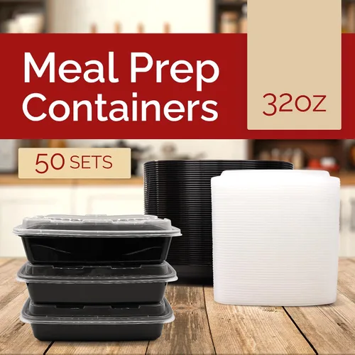 Miniatura 2 de Reli. Recipientes para preparación de comidas (paquete de 50, 32 onzas) 1 compartimento para alimentos con tapas Apto para microondas
