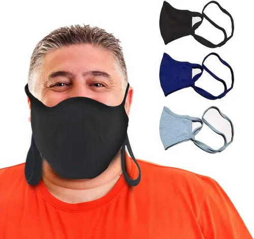 Mascarilla para adulto grande/XL (extra grande), mascarilla de punto de algodón con filtro y tira ajustable Talla XL - Negro/Azul/Gris -Paquete de 3