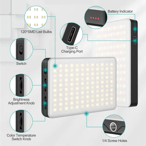 Miniatura 4 de VIJIM VL120 Luz LED para vídeo en la cámara, Mini lámpara de iluminación de fotografía recargable 120 LED de relleno 3200K-6500K Bi-Color regulable