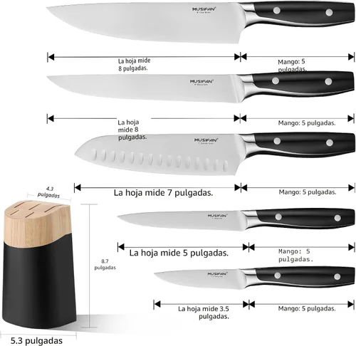Miniatura 3 de Juego de 6 piezas de bloques de cuchillos, juego de cuchillos de cocina de acero inoxidable con bloque – Cuchillos negros de alto carbono, apto