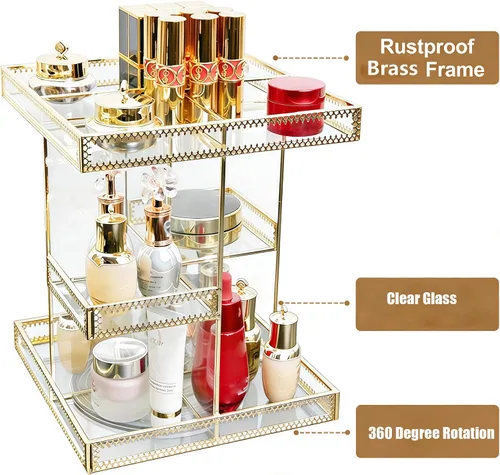 Miniatura 6 de Organizador de cosméticos de vidrio dorado de 3 niveles con rotación de 360 grados, bandeja de perfume giratoria de alta calidad, exhibición