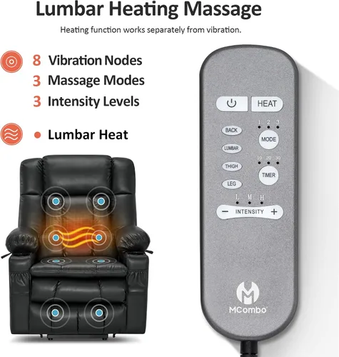 Miniatura 7 de MCombo Silla reclinable eléctrica de motor dual para adultos mayores, silla de elevación plana con calor y masaje, portavasos, puertos USB, piel