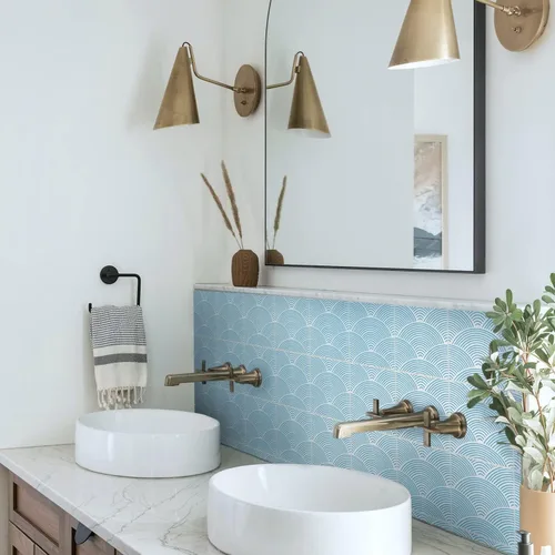 Miniatura 40 de Adhesivos de vinilo para azulejos de pared autoadhesivos, calcomanías impermeables para decoración de cocina, baño, línea ondulada de abulón, 6 x 6