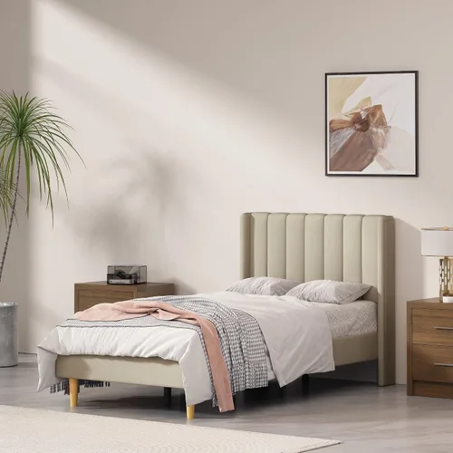 Miniatura 47 de Base de cama Queen con cabecero, base de cama de plataforma con respaldo de terciopelo vertical copetudo, soporte de listones de madera, no necesita