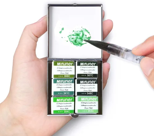 Miniatura 21 de Mini Juego de Caja de Lata de Viaje de Pintura de Acuarela de Artista Portátil Hecha a Mano con 6 Medias Bandejas Sólidas con Purpurina Nacarada