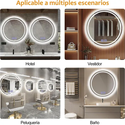 Miniatura 7 de Espejo de baño con luz LED, espejo redondo de baño de 3 colores, luz regulable, espejo de baño con luces, inteligente antivaho con interruptor