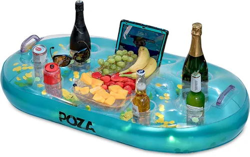 Miniatura 14 de POZA Hielera flotante inflable dorada – Lujoso soporte para bebidas relleno de confeti brillante, flotador de fiesta premium con 8 soportes, barra
