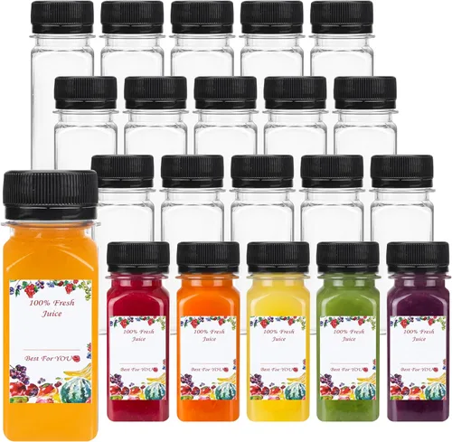 Miniatura 12 de SUPERLELE 12 botellas de plástico de 8 onzas con tapas, recipientes transparentes reutilizables para jugo con etiquetas, embudo y cepillo