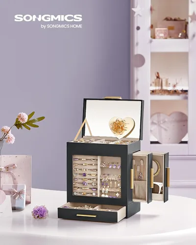 Miniatura 2 de SONGMICS Joyero con ventana de cristal, organizador de joyas de 5 capas con 3 cajones laterales, almacenamiento de joyas, con espejo grande