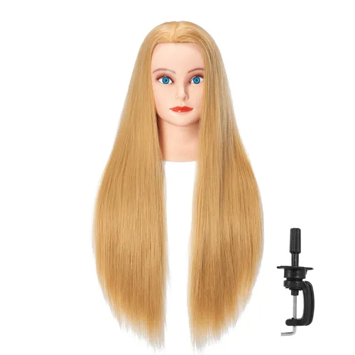 Miniatura 8 de 26-28" Cabeza de maniquí con cabello de fibra sintética Yaki para estilizar, cabeza de muñeca para entrenamiento de cosmetología, cabeza de maniquí