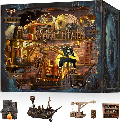 Kit de rincón de lectura pirata - Kit de casa en miniatura DIY para adultos, adolescentes, decoración de estanterías de libro con luz LED,
