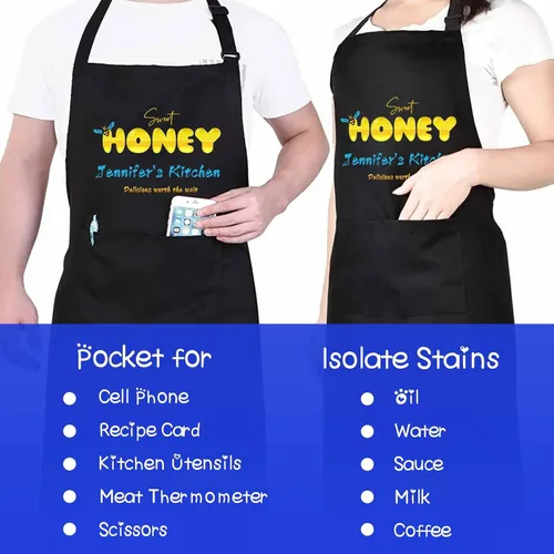 Miniatura 6 de Magimagine Delantal personalizado para mujeres y hombres – Delantal familiar personalizado con texto de dos bolsillos personalizado miel delantal