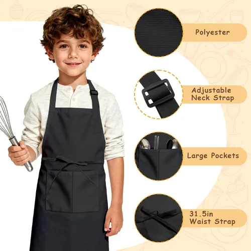 Miniatura 3 de Juego de 12 delantales para niños a granel con 2 bolsillos, delantal de chef de arte ajustable para niños, delantales de pintura para niños