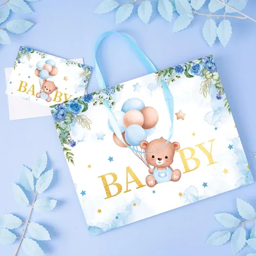 Miniatura 9 de Plauthus Bolsas de regalo grandes para bebé de 13 pulgadas con papel de seda y tarjeta de felicitación (oso de balón y floral), bolsas de regalo