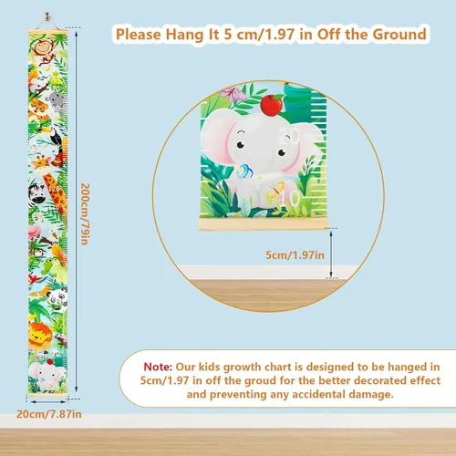Miniatura 2 de HIFOT Tabla de crecimiento para niños, tabla de medición de altura, reglas de lona de animales de la selva para colgar en la pared para decoración