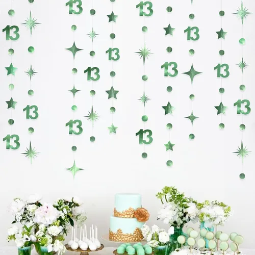 Miniatura 15 de Decoraciones Negras de Cumpleaños Número 13 Círculo Punto Estrella Centelleante Guirnalda Serpentina Colgante Metálica Banderín Banner Telón de Negro