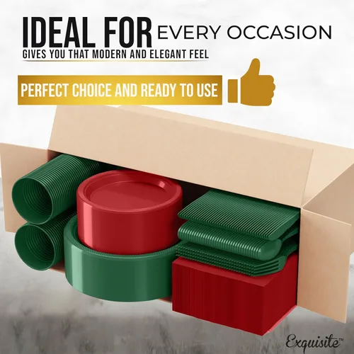 Miniatura 3 de Juego de 350 platos de plástico de Navidad para fiestas, juego de platos desechables rojos y verdes, 50 de cada juego de platos llanos de 9 Navidad