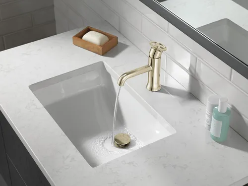 Miniatura 2 de Delta Trinsic - Grifo de baño de 1 agujero con mango de rueda, níquel pulido, grifo de fregadero de baño de un solo agujero, ensamblaje de drenaje