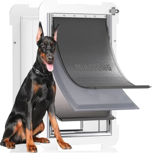 Miniatura 14 de Puerta de perro extra grande de 3 solapas para puertas con panel de bloqueo deslizante, marco de acero y túnel telescópico para mascotas, puerta